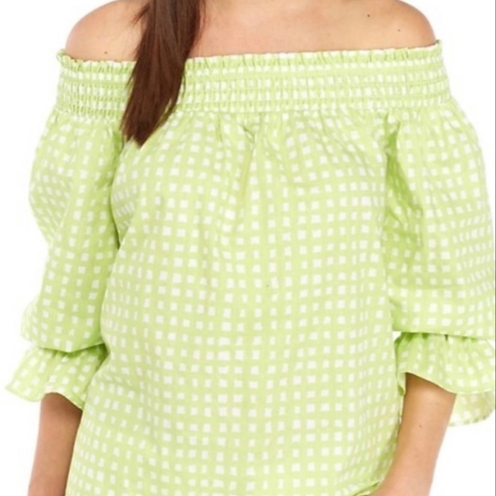 Crown & Ivy Off the Shoulder Green Gingham 100% Cotton Blouse